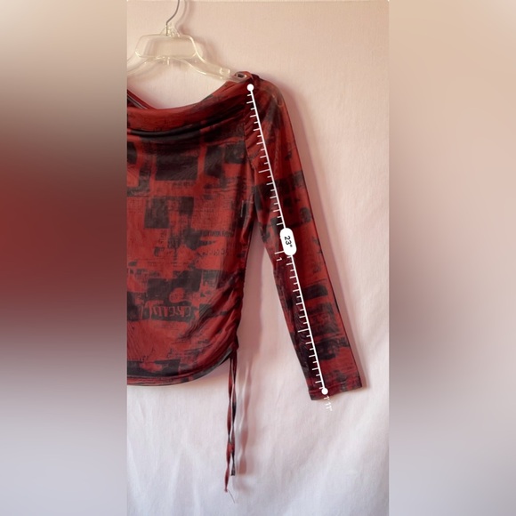 Crimson Red Newspaper Off Shoulder Mesh Top 🔲🖤🥀 - Picture 7 of 8